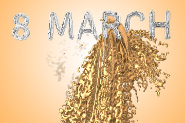 8 March symbol. eight made of silver blocks boxes over colorful background with paint, water or wine splash. Can be used as a decorative greeting grungy or postcard for international Woman's Day 3d 