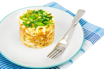 Pork salad with squid on plate