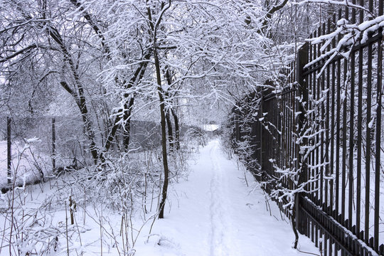 street in a little village covered with snow in wintertime