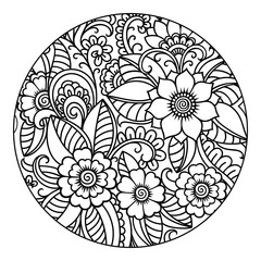 Outline round floral pattern for coloring the book page. Antistress coloring for adults and children. Doodle pattern in black and white. Hand draw vector illustration.