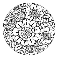 Outline round floral pattern for coloring the book page. Antistress coloring for adults and children. Doodle pattern in black and white. Hand draw vector illustration.