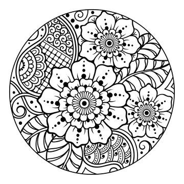 Outline round floral pattern for coloring the book page. Antistress coloring for adults and children. Doodle pattern in black and white. Hand draw vector illustration.