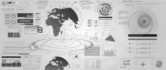 Set of black and white infographic elements. Head-up display elements for the web and app. Futuristic user interface. 