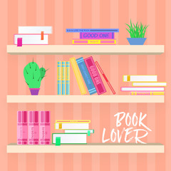 Shelves with colorful books and plants in flat design style.