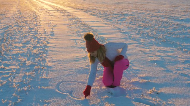 Woman At Sunset on a Winter Day In the Snow painting with Hand Heart 4k