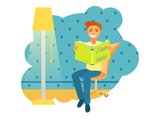 Illustrations of a man sitting and reading a book