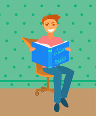 Illustrations of a man sitting and reading a book near bookshelf