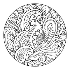 Outline round floral pattern for coloring the book page. Antistress coloring for adults and children. Doodle pattern in black and white. Hand draw vector illustration.