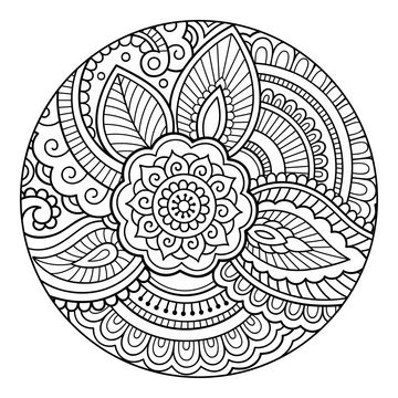 Outline round floral pattern for coloring the book page. Antistress coloring for adults and children. Doodle pattern in black and white. Hand draw vector illustration.