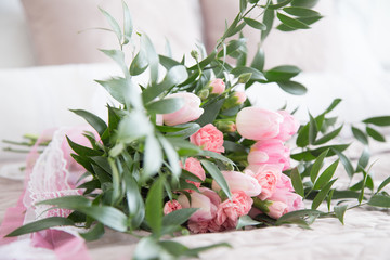 Spring tulips and roses bridal tender flowers bouquet