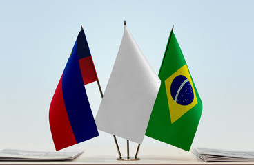 Flags of Liechtenstein and Brazil with a white flag in the middle