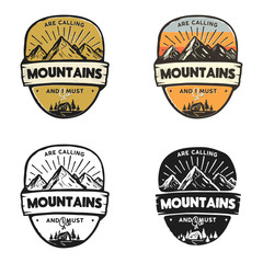 Travel logo design concepts. Monochrome, retro colors, line, silhouette styles. Mountain adventure badge, travel logo template. Camping patch, prints. Stock vector label isolated