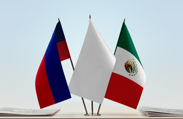 Flags of Liechtenstein and Mexico with a white flag in the middle