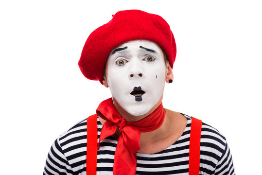 shocked mime with red bow isolated on white