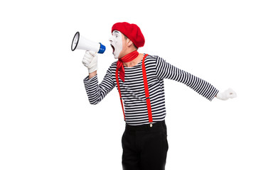 mime shouting in megaphone isolated on white