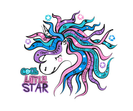 Vector illustration with a unicorn. Cool Little star typography for print design, slogan graphics for t-shirts. Head portrait horse for a children's party. Hand drawing, texture.