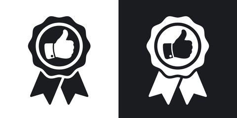 Vector badge with thumbs up icon. Two-tone version on black and white background