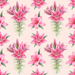 Fototapeta na wymiar Watercolor illustrations of lily flowers. Seamless pattern