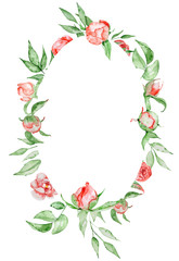 Romantic frame with flowers Card template. Watercolor peonies with green leaves on the white background. Hand drawn illustration.