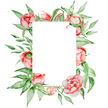 Romantic frame with flowers Card template. Watercolor peonies with green leaves on the white background. Hand drawn illustration.