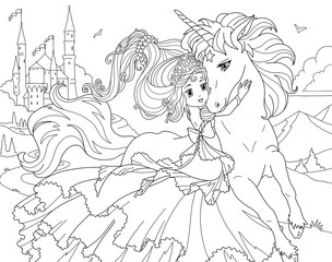 Coloring page Unicorn and Princess