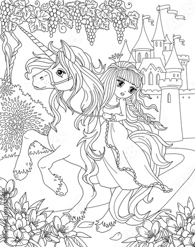 "Coloring page Unicorn and Princess" Stock photo and royalty-free