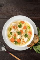 Chicken soup with noodles, overhead photo with copyspace