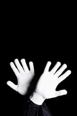 cropped image of mime showing block sign isolated on black
