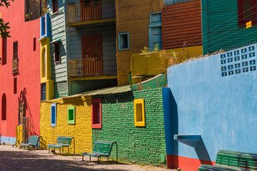 Colorful area in La Boca neighborhoods in Buenos Aires. Street is a major tourist attraction & the...