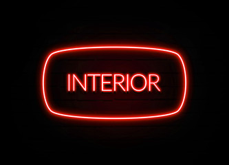 Interior neon sign on brick wall background.