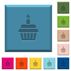 Birthday cupcake engraved icons on edged square buttons