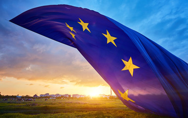 rise in the sky the biggest flag of the European Union - obrazy, fototapety, plakaty