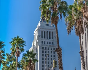 Muurstickers Palm trees with Los Angeles city hall on the background © Gabriele Maltinti