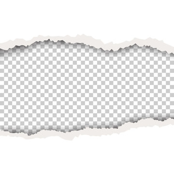 Torn hole in white sheet of paper. Transparent background of the resulting window. Vector template paper design.