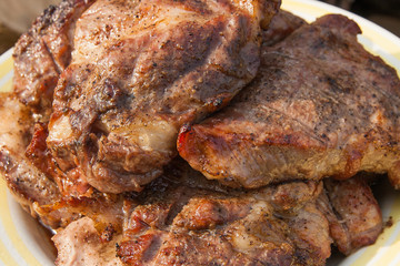 Close up view of juicy pork steak cooked on an open flame grill on big white plate..