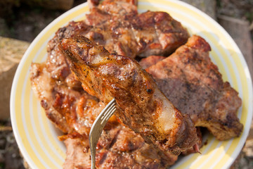 Close up view of juicy pork steak on fork cooked on an open flame grill on big white plate..