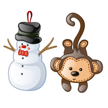 Christmas toys as figurine snowman and monkey. Christmas toys for festive mood and merry x-mas celebrations. Vector illustration in cartoon style on white background. Image isolated