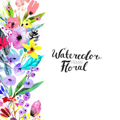 Watercolor Floral Background. Hand painted border of flowers. Good for invitations and greeting cards. Painting isolated on white and brush lettering.