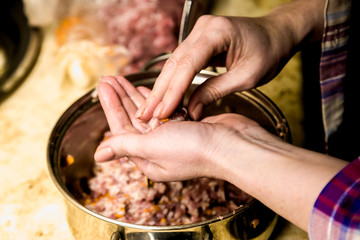 preparation of meatballs in a frying pan at home