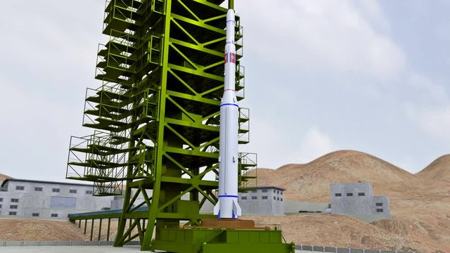 The take-off of the North Korean expendable carrier rocket Unha-3 from the launch pad. 3D Rendering. UHD - 4K