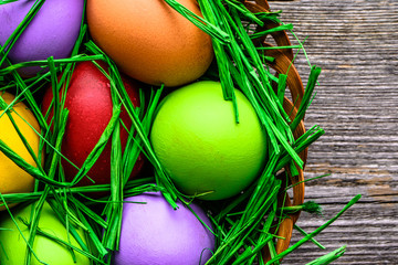Spring easter eggs in grass, nest with eggs, festive background