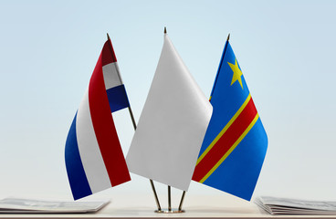 Flags of Netherlands and Democratic Republic of the Congo (DRC, DROC, Congo-Kinshasa) with a white...
