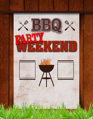 Stock Illustration - BBQ Party Weekend, Large Text Weekend, Text BBQ in the shape of the grill, Big Glowing Coals BBQ, 3D Illustration,