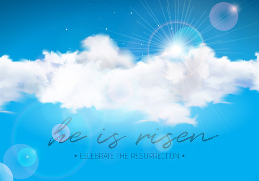 Easter Holiday illustration with cloud on blue sky background. He is risen. Vector Christian religious design for resurrection celebrate theme.