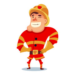 Cute fireman in helmet cartoon character. Firefighter in traditional uniform. Vector illustration people of different professions isolated on white background.