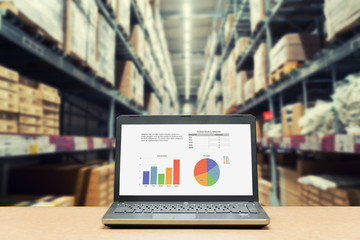 Laptop with analysis sale screen on table with blur warehouse cargo in factory. Smart factory...