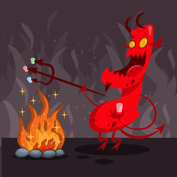 Devil in hell. Demon with horns, tail, trident with bonfire and grill marshmallow. Vector cartoon illustration of a red monster.