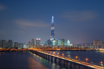 Naklejka premium South Korea skyline of Seoul, The best view of South Korea with Lotte world mall at Jamsil.