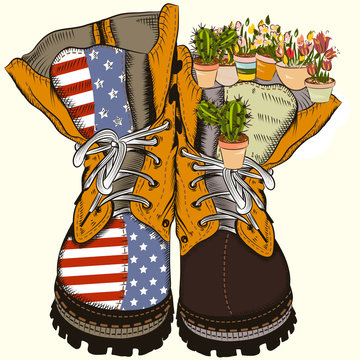 Fashion Illustration With Military Boots With US Flag And Flowers. No War Concept