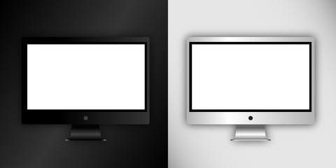 Computer monitor, isolated on black and white background. Can use for template presentation, web design and ui kits. Black and white electronic gadget, device mockup. Vector illustration, eps10